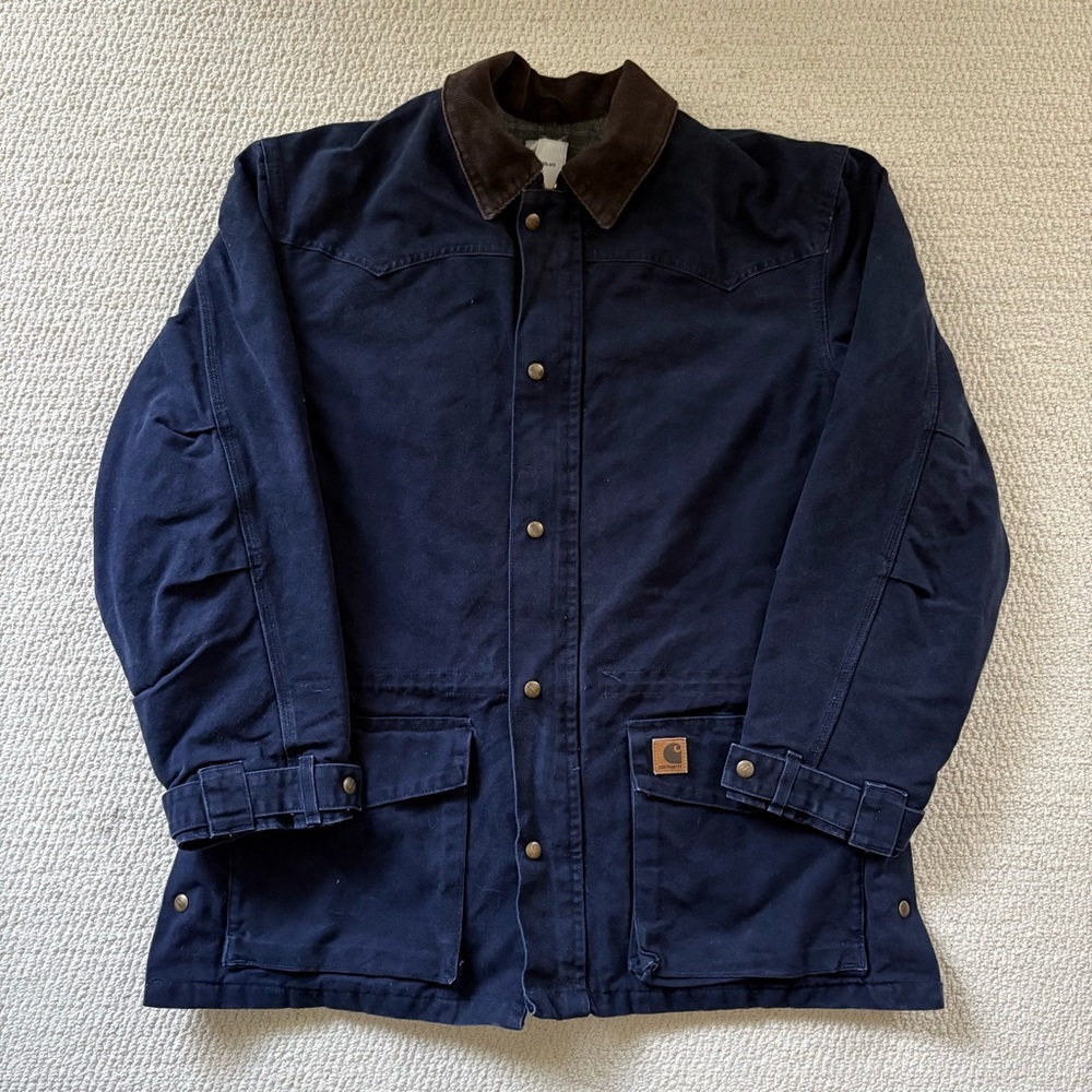 Carhartt Navy Blue Duck Canvas Field Jacket with Brown Corduroy Collar